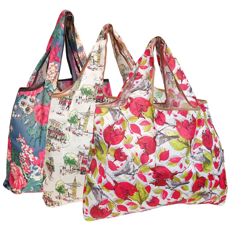 allydrew Large Foldable Tote Nylon Reusable Grocery Bag, 3 Pack, English Rose - Image 1